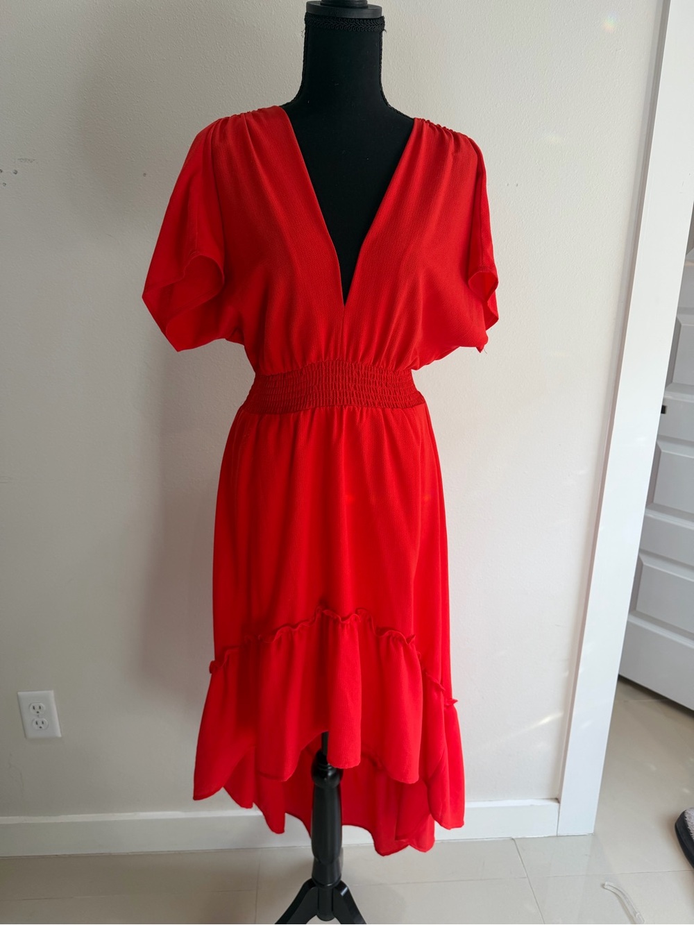 Flying Tomato Red V-Neck Smocked-Waist High-Low Dress